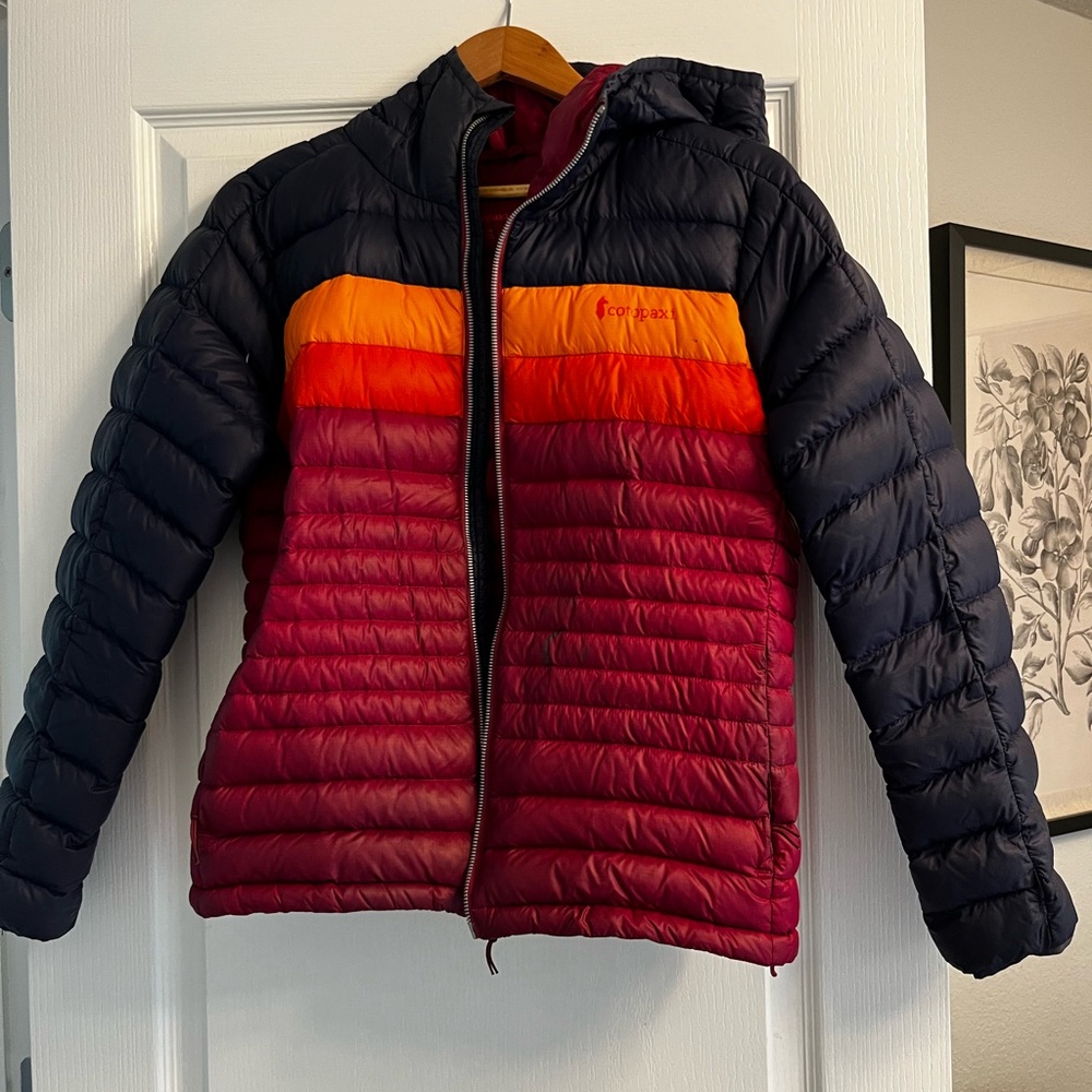Cotopaxi Women's Hooded Insulated//Down Puffer Navy, Red, Orange, & Yellow